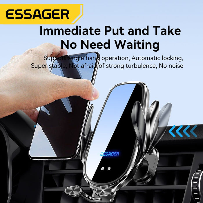 ESSAGER A4 Wireless Car Phone Holder Charger - 15W 10W 7.5W 5W, Air Vent Clamp Bracket, Compatible with iPhone 13, 14, 14 Pro, 14Pro Max, Xiaomi 13pro, Huawei Mate50 - Ideal for Safe and Efficient In-car Charging - Shopsta EU